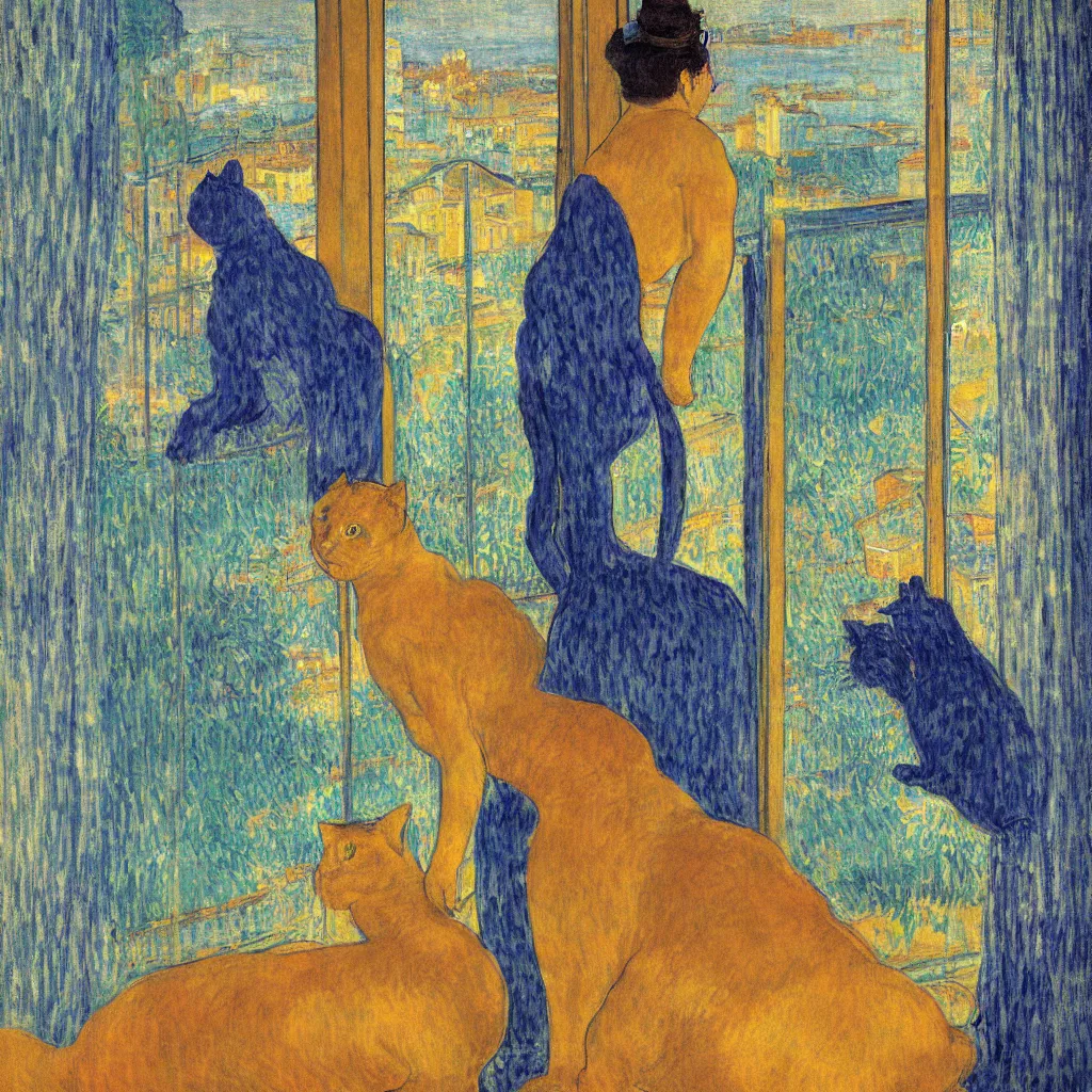 Prompt: woman and golden cat with italian city with gardens seen from a window frame with curtains. dark indigo blue, turquoise, gold, earth brown. sunset. bonnard, henri de toulouse - lautrec, utamaro, matisse, monet