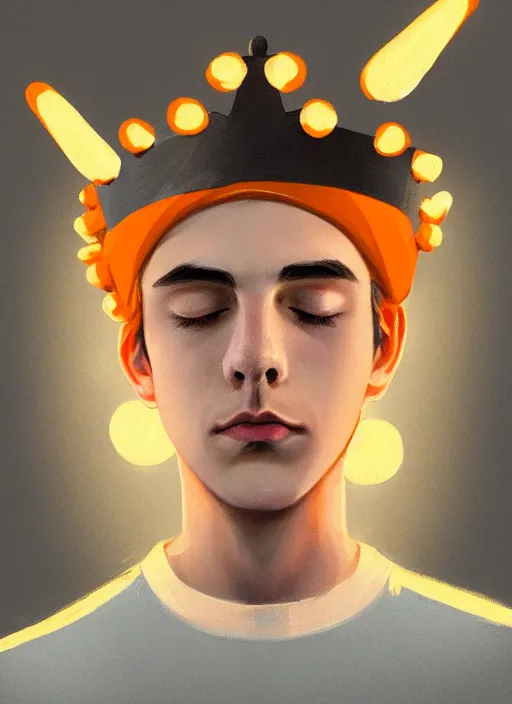 Image similar to portrait of teenage jughead jones wearing a light grey crown, crown, hamburger background, eyes closed, crown, black hair, orange, intricate, elegant, glowing lights, warm lighting, highly detailed, digital painting, artstation, concept art, smooth, sharp focus, illustration, art by wlop, mars ravelo and greg rutkowski