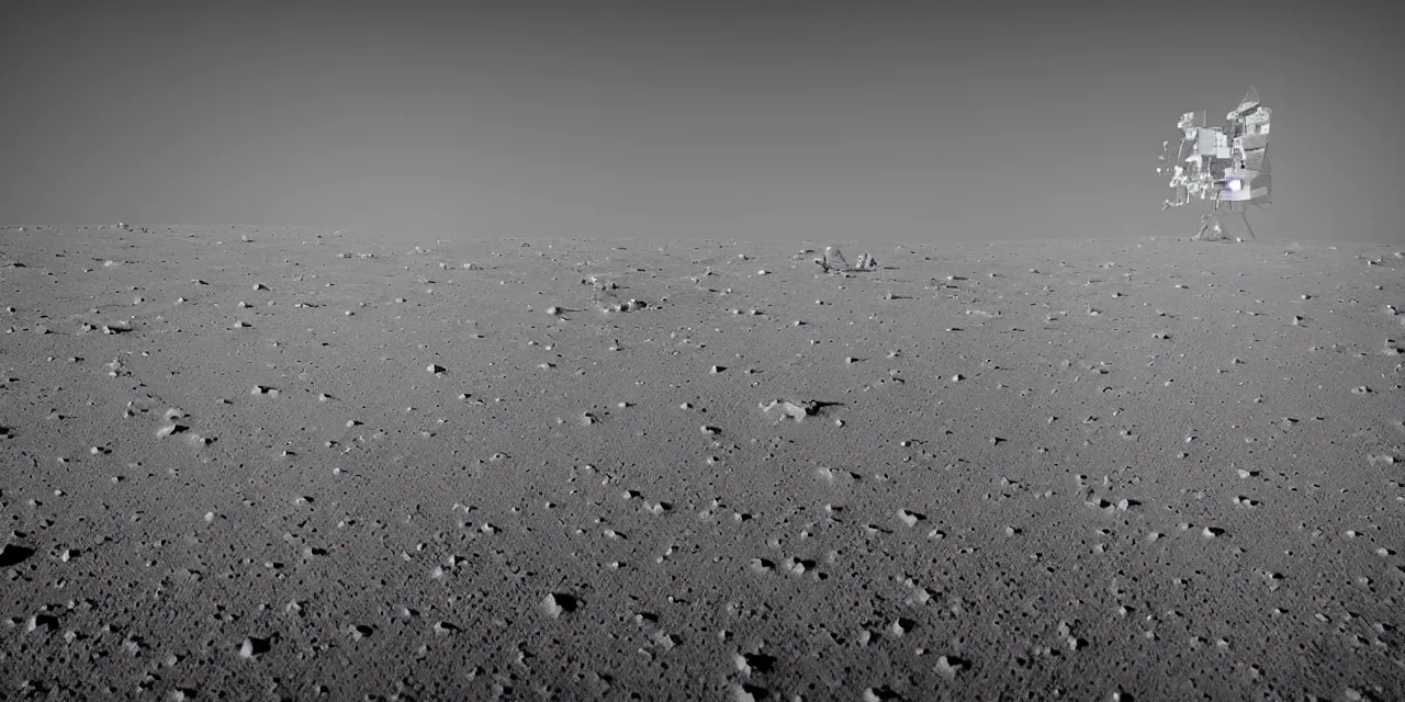 Image similar to ultrawide angle view from the surface of the moon, cinematic film still, film grain, looking up at tall white space, glowing landing lights on spaceship, stars and space in the background, fog and dust, full frame photography