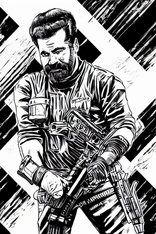 Prompt: billy mays holding a rifle, a page from cyberpunk 2 0 2 0, style of paolo parente, style of mike jackson, adam smasher, johnny silverhand, 1 9 9 0 s comic book style, white background, ink drawing, black and white, colouring pages