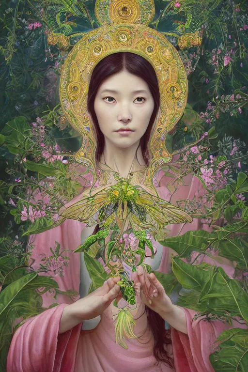 Image similar to breathtaking detailed concept art painting of the goddess of green bugs, orthodox saint, with anxious, piercing eyes, ornate background, amalgamation of leaves and flowers, by Hsiao-Ron Cheng, James jean, Miho Hirano, Hayao Miyazaki, extremely moody lighting, 8K