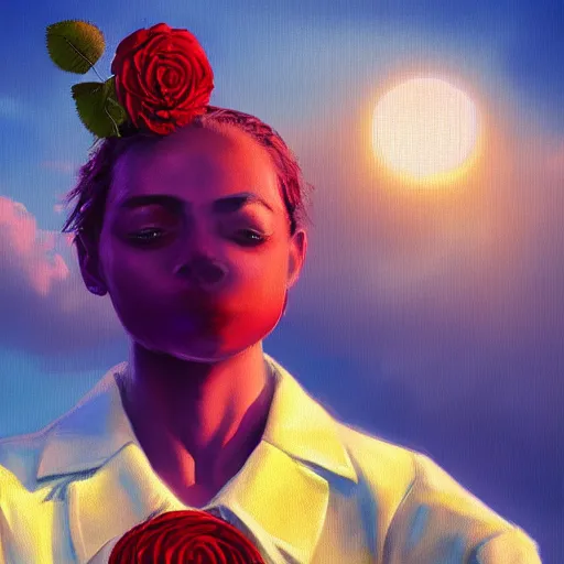 Image similar to closeup, giant rose flower head, frontal, girl in a suit, surreal photography, sunrise, blue sky, dramatic light, impressionist painting, digital painting, artstation, simon stalenhag