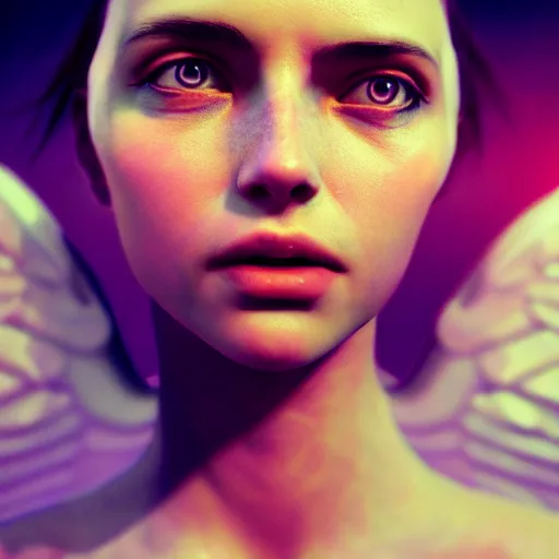 Image similar to portrait art of female angel, art by alessio albi 8 k ultra realistic, angel wings, lens flare, atmosphere, glow, detailed, intricate, full of colour, led lighting, trending on artstation, 4 k, hyperrealistic, focused, extreme details, unreal engine 5, masterpiece