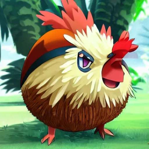 Image similar to A pokemon that looks like a rooster, The coconut shell wrapped around him,The rooster hides inside and sticks his head out to peek，Trending on art station. Unreal engine.