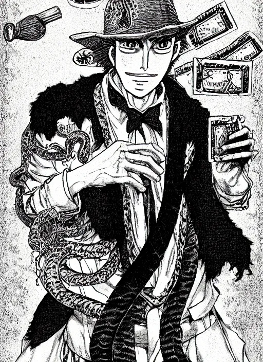 Image similar to portrait of a snake oil salesman by Kentaro Miura, it idn't greasy