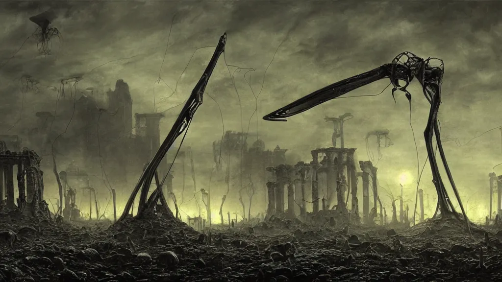 Prompt: war of the worlds, alien tripods over the ruins of 1 9 th century london by zdzislaw beksinski and bogdan rezunenko, intricate, detailed, volumetric lighting, sharp focus, scenery, photorealism, digital painting, highly detailed, concept art.