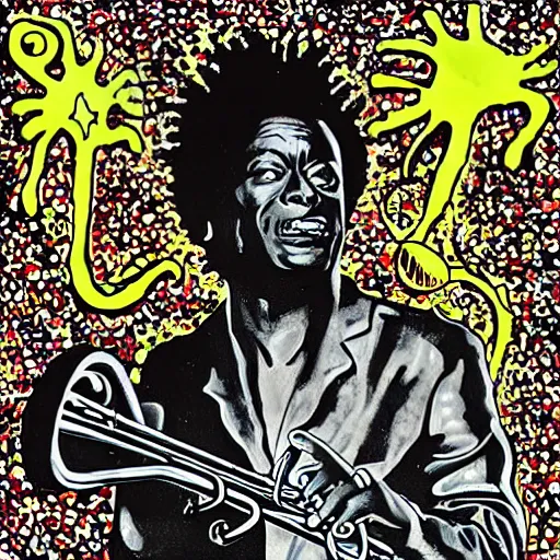 Image similar to miles davis in the style of daniel johnston, outsider art