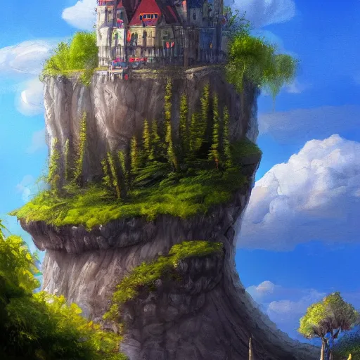 Image similar to a painting of a giant floating castle high up in the sky with a tree - leaf canopy on top. artstation. painting. high - quality. extremely detailed clouds and foliage