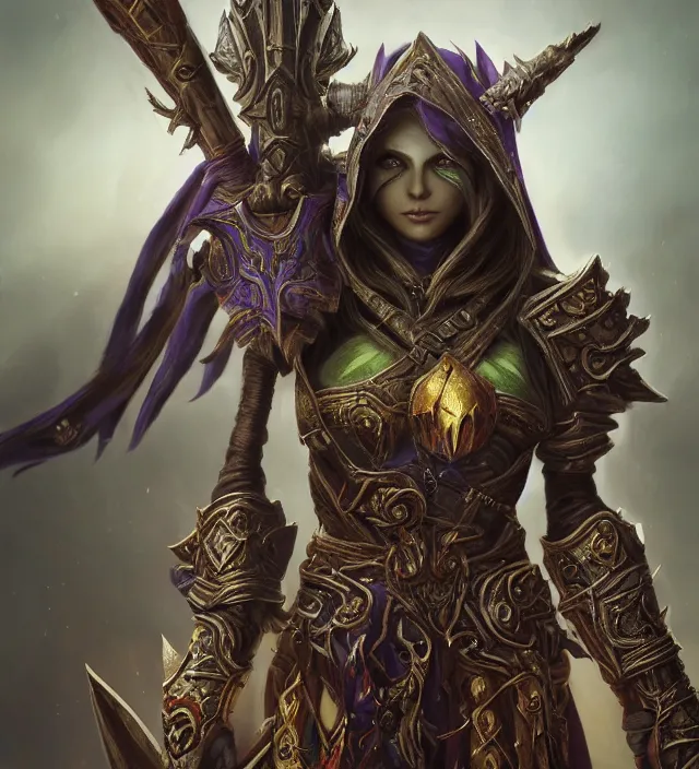 Image similar to Sylvanas Windrunner portrait, intricate ornate armor, subject in the middle of the frame, rule of thirds, golden ratio, elegant, digital painting, octane 4k render, zbrush, hyperrealistic, artstation, concept art, smooth, sharp focus, illustration from Warcraft by Ruan Jia and Mandy Jurgens and Artgerm and William-Adolphe Bouguerea