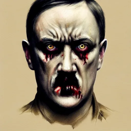 Image similar to head portrait of clothed adolf hitler as a zombie, 7 days to die zombie, gritty background, fine art, award winning, intricate, elegant, sharp focus, cinematic lighting, digital painting, 8 k concept art, art by michael hussar, art by brom, art by guweiz and z. w. gu, 8 k