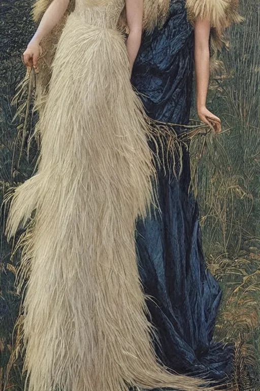 Prompt: blonde emma roberts as a queen of feathers, goddess of the wild, silk dress by rosetti and alan lee