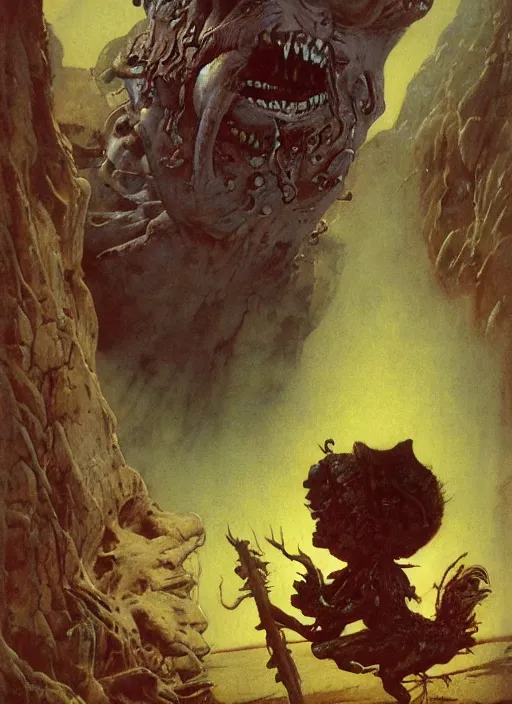 Image similar to possessed munchkin from oz, by lawrence alma-tadema and zdzislaw beksinski and norman rockwell and jack kirby and tom lovell and greg staples, artstation creature art