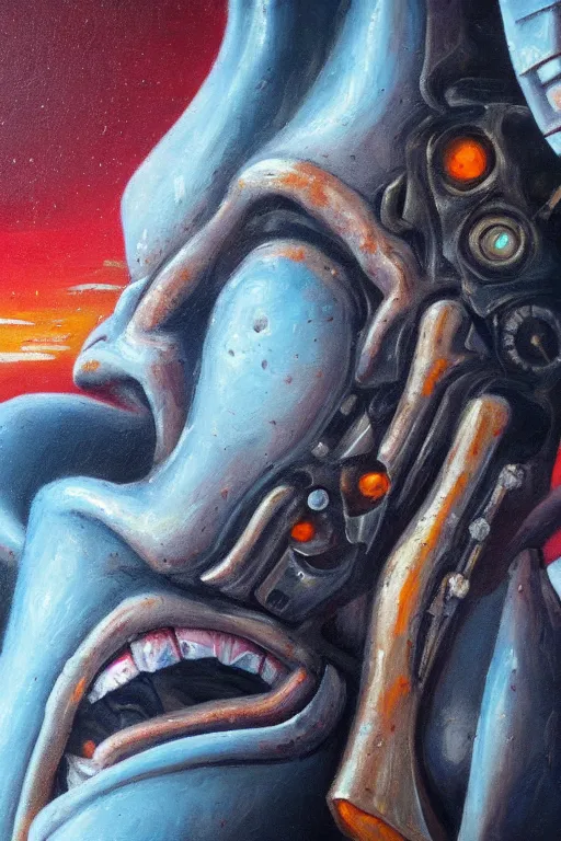 Image similar to oil painting, close-up, hight detailed, melting cyborg at red planet, in style of 80s sci-fi art, neodada