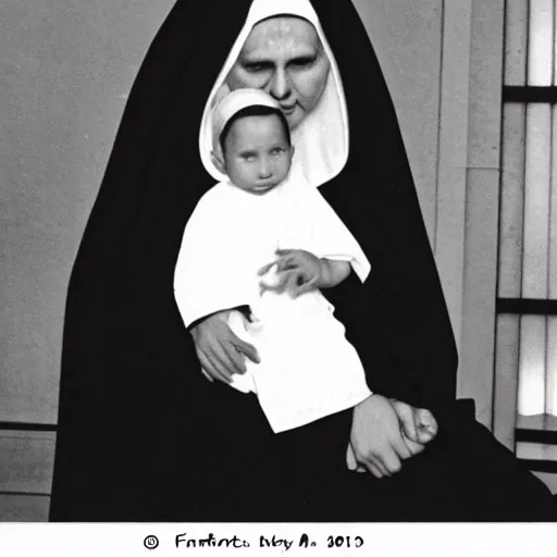 Image similar to a nun sitting in church holding a demonic baby on her lap