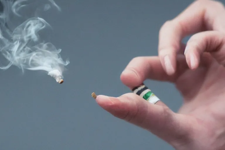 Image similar to Close-up of thin soft hand, cigarette with smoke, hand with five fingers, hyper realistic, high details, photo, super resolution