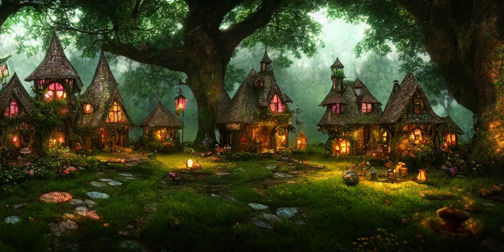 Prompt: inside an ethereal magical fairy village, highly detailed, 8 k, hdr, award - winning, octane render, artstation