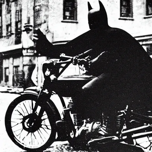 Image similar to old black and white photo, 1 9 1 3, depicting batman on a motorcycle from dark knight rampaging through the bustling streets of new york city, rule of thirds, three - point perspective, historical record