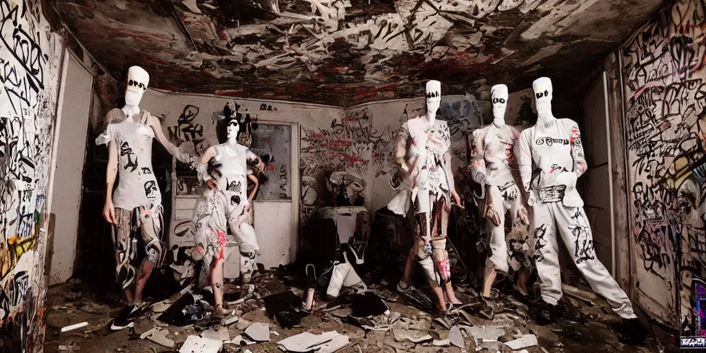 Image similar to polymer coneheads French band photoshoot inside abandoned dollhouse, 1980s surrealism aesthetic, detailed facial expressions, graffiti on the walls and ceiling