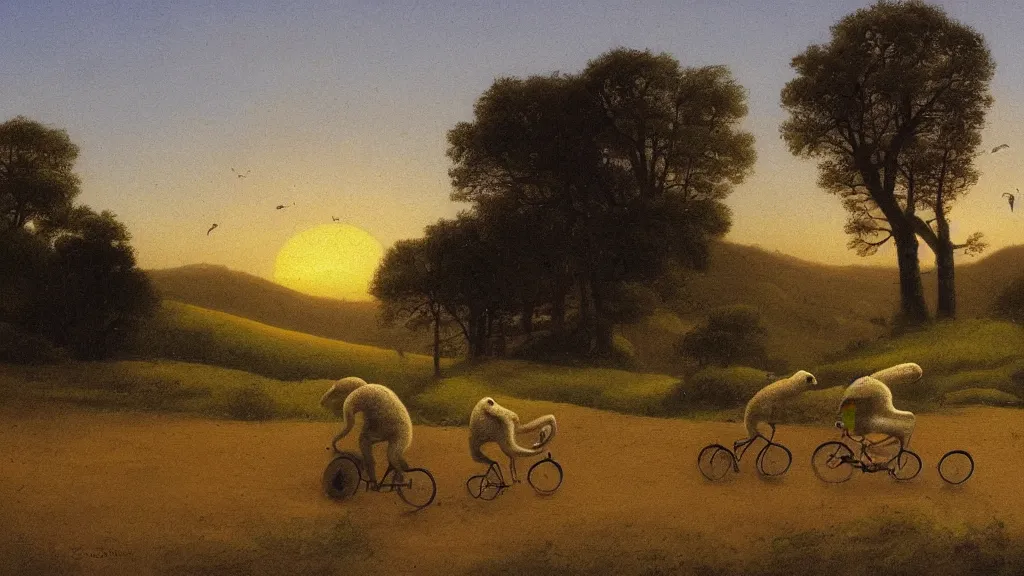 Image similar to a few sloth friends, riding their bicycles down the hill, dreamy landscape, sunset, in the style of michael sowa