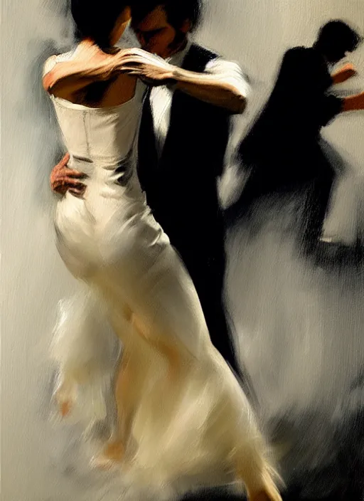 Image similar to tango dancerin in white dress, painting by phil hale, fransico goya,'action lines '!!!, graphic style, visible brushstrokes, motion blur, blurry, visible paint texture, crisp hd image