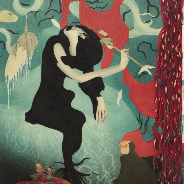 Image similar to tall emo female artist holding a large fish in her flooded apartment, seaweed, pomegranates, octopus, water gushing from ceiling, painting of flood inside an artist's apartment, a river flooding indoors, ikebana, zen, rapids, waterfall, black swans, canoe, berries, acrylic on canvas, surrealist, by magritte and monet