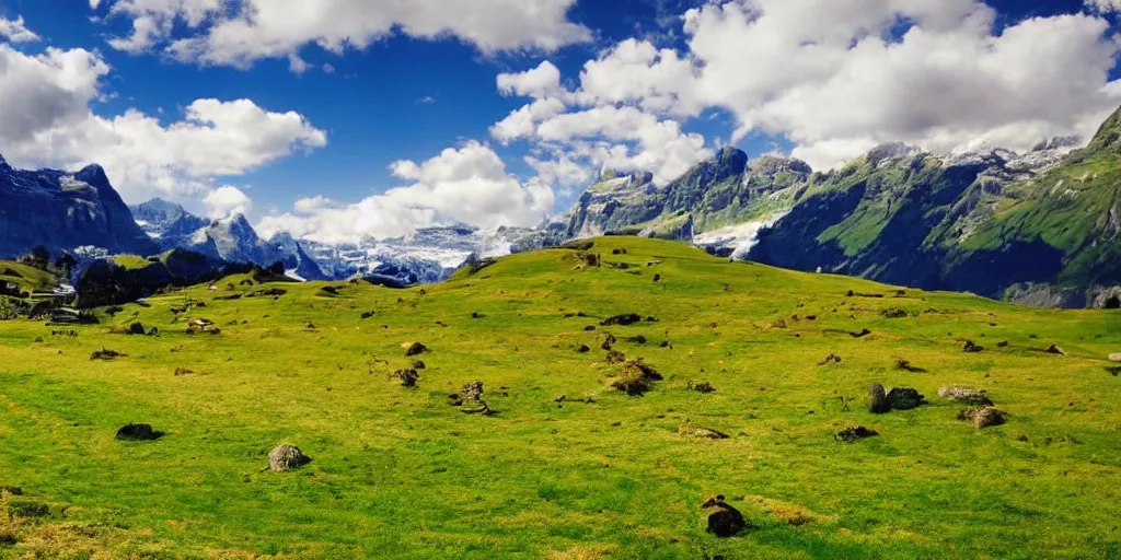 Prompt: beautiful landscape switzerland green pastures blue sky sunny snowy mountains realistic hd