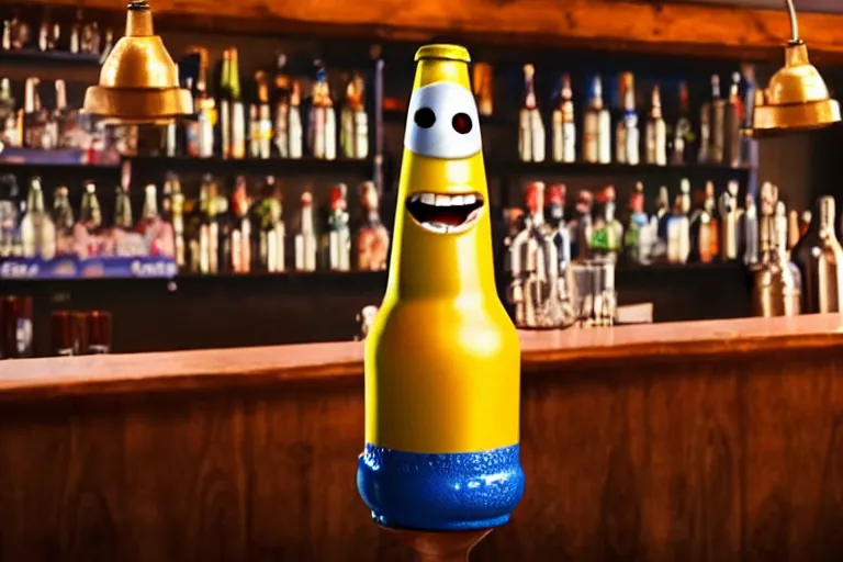 Image similar to a anthropomorphic bottle of beer stands in front of a bar waiting to be served by the bartender, pixar