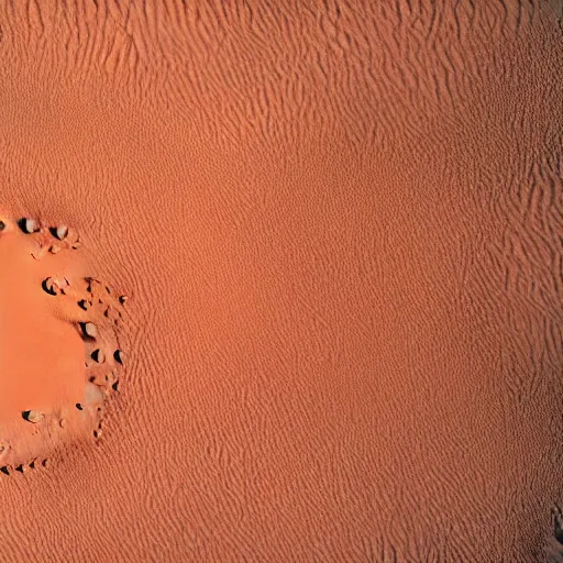 Prompt: very high resolution, fine detail, 4 k, aerial photo looking down from above on a large crater with a space colony around it, on the surface of mars, red desert dunes