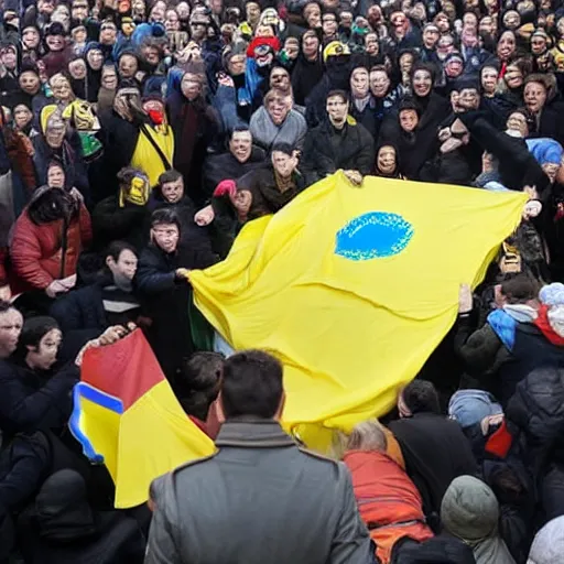 Prompt: a crowd of people with ukrainian flags throw down a bust of volodymyr lenin