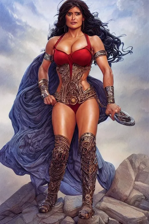 Prompt: muscled Salma Hayek as a ruggedly handsome super heroine, intricate, elegant, highly detailed, centered, digital painting, artstation, concept art, smooth, sharp focus, illustration, art by artgerm and donato giancola and Joseph Christian Leyendecker, Ross Tran, WLOP