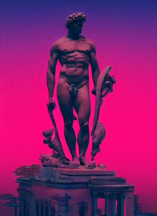 Image similar to statue of hercules, beeple, vaporwave, retrowave, tonal separation, black background, neon, black, glitch, pixel sorting, strong contrast, pinterest, trending on artstation