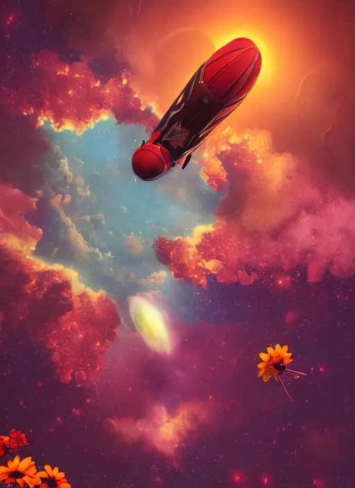 Image similar to An epic fantastic realism comic book style painting of the most beautiful flowers launched into space, bouquets, fisheye lens, unreal 5, DAZ, hyperrealistic, stars in the night sky, octane render, dynamic lighting