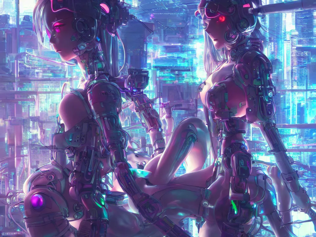 Image similar to anime visual of futuristic cyber warrior girl, in future cyberpunk neon light reflected tokyo rooftop, ssci - fi and fantasy, intricate and very beautiful and elegant, highly detailed, digital painting, artstation, concept art and smooth and sharp focus, illustration, art by huaixuan xiang and tian zi and alphonse mucha and wlop