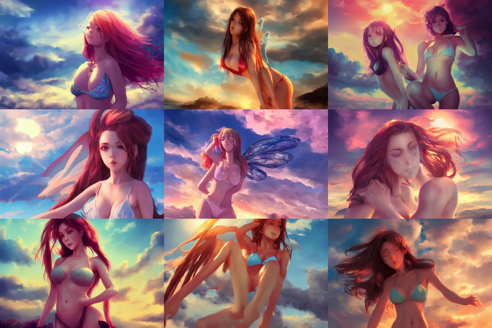 Prompt: front shot of one single beautiful fairy girl in bikini top, manga, digital art by wlop. artstation contest winner, cinematic paint. dramatic cloud in background. sunset