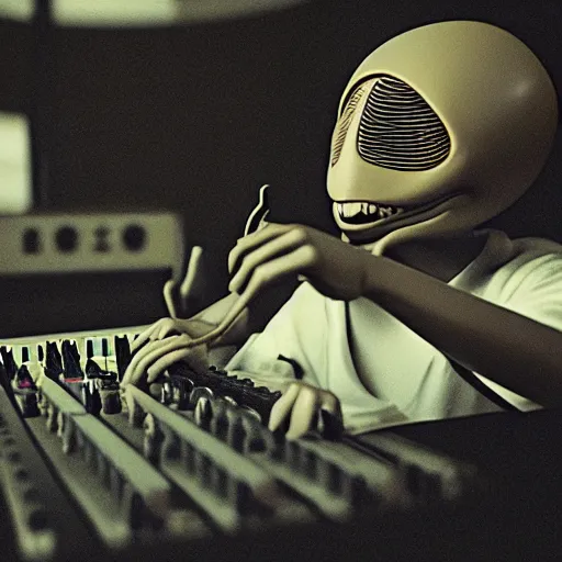 Image similar to cinematic film still of Pharrell Williams Making A Beat with an anthropomorphic alien, Japanese VFX, 2018, 400mm lens, f1.8, shallow depth of field,film photography