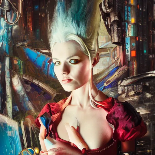 Prompt: A portrait of Alice from Wonderland, oil painting, majestic, detailed, high resolution, cyberpunk