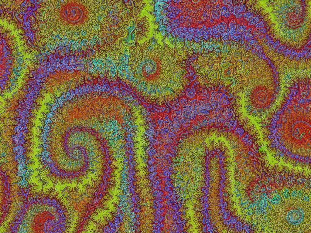 Image similar to 3d multicolor fractal swirling maze paisley lichen patterns