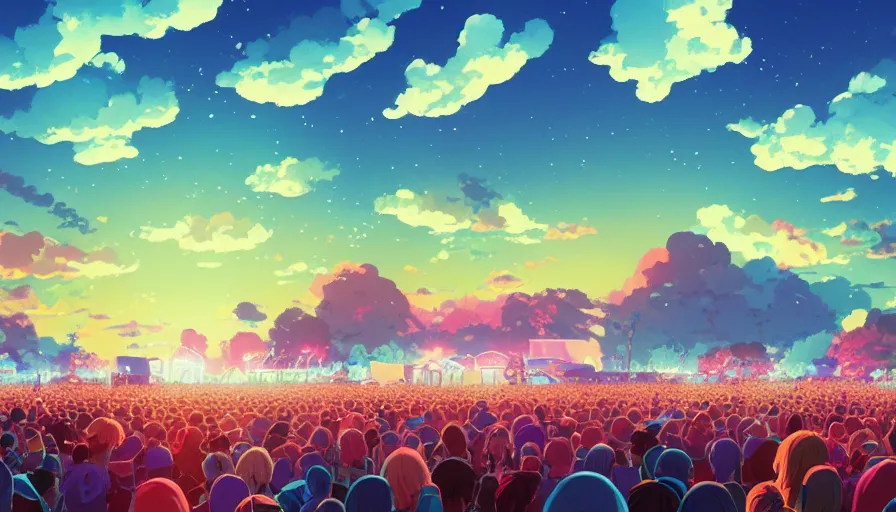 Prompt: A highly detailed digital art painting of a music festival with a bright shimmering sky by Studio Ghibli, Mokoto Shinkai, by Artgerm, by beeple, volumetric lighting, octane render, 4K resolution, trending on artstation, vivid colours