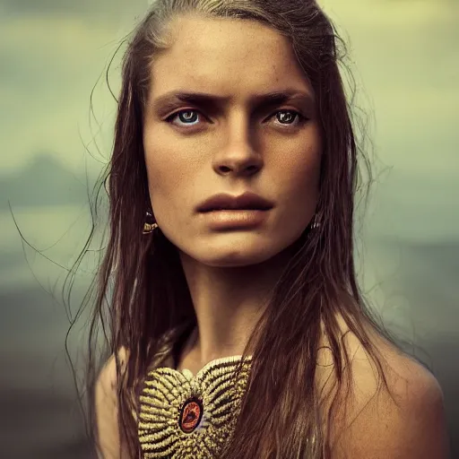 Prompt: portrait of a stunningly beautiful caucasian tribal female, depth of field, zeiss lens, detailed, symmetrical, centered, fashion photoshoot, by Annie Leibovitz and Steve McCurry, David Lazar, Jimmy Nelsson, Breathtaking, 8k resolution, extremely detailed, beautiful, establishing shot, artistic, hyperrealistic, beautiful face, octane render