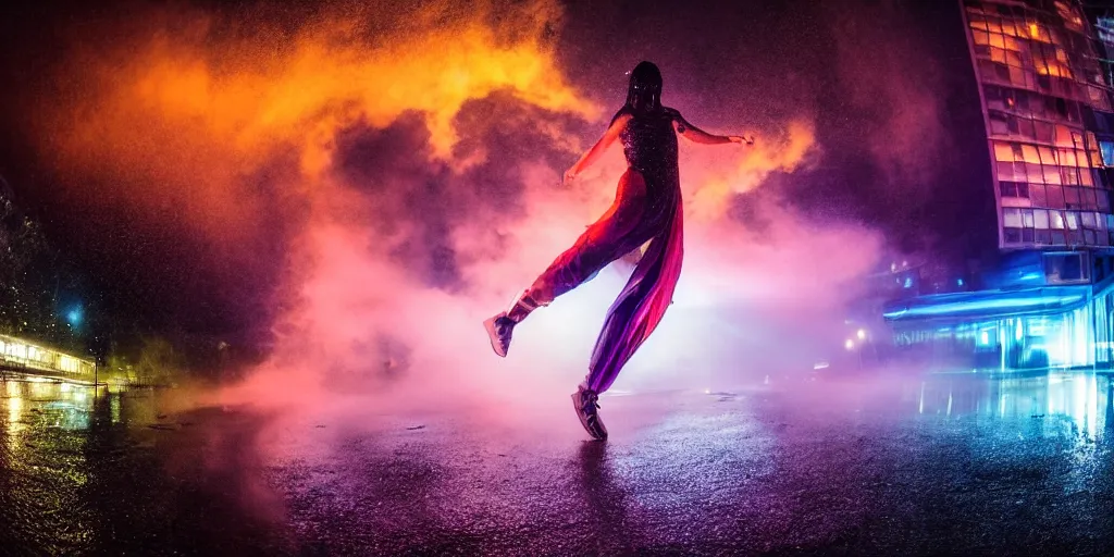 Image similar to fisheye lens slow motion with trail effect of futuristic break dancer wearing floating long dress with neon lights, long exposure shot , at night in the middle of a rainy wet street, paddle of water, steam, fog, water splashes, rim lights, glossy reflections, water droplets on lens, octane render, dark and dramatic, fire explosions in the background, detailed and soft, fisheye lens, smooth, sharp focus, illustration, art by artgerm and greg rutkowski and Annie Leibovitz, graphic glitches