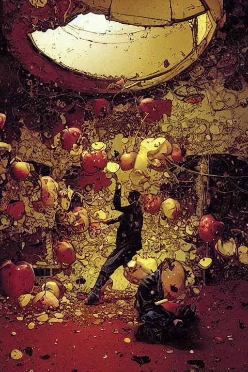 Image similar to A giant apple floating in an abandoned room, detailed art Geof Darrow and Phil hale and Ilya repin