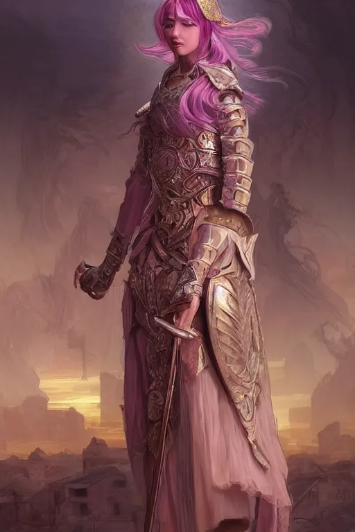 Image similar to portrait knights of Zodiac girl, metalic pink and pale violet reflected armor, in ruined Agora of Athens sunrise, ssci-fi, fantasy, intricate, very very beautiful, elegant, golden light, highly detailed, digital painting, artstation, concept art, smooth, sharp focus, illustration, art by tian zi and WLOP and alphonse mucha