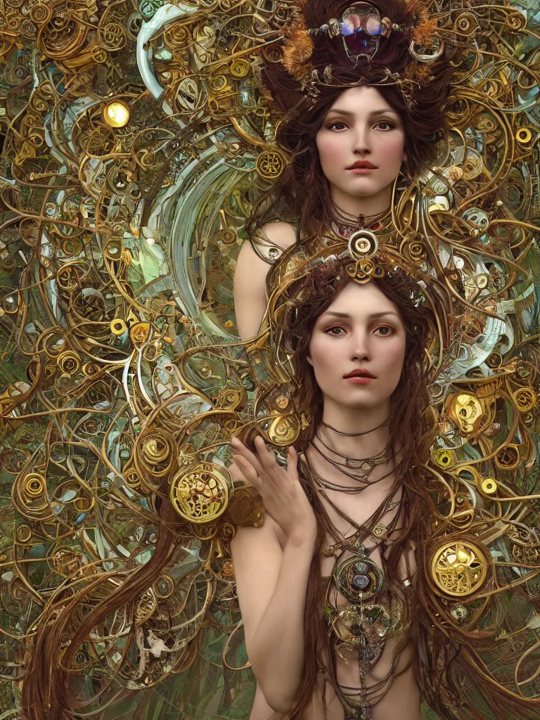 Image similar to a centered beautiful tribal goddesses is surrounded by intertwining bio - mech tendrils made of machine and robot parts and gemstones and leaves and feathers, full body, gorgeous face, perfect face, powerful, by alphonse mucha and justin gerard and james jean, 3 d, cinema 4 d render, trending on artstation, octane render, 8 k