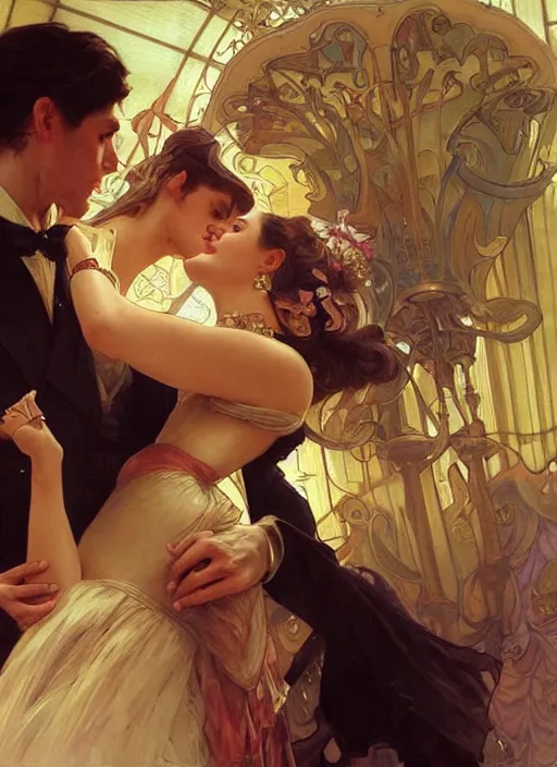 Prompt: an elegant couple, a man and a woman, dance together at a ball. romantic. close up on highly detailed faces. painting by artgerm and greg rutkowski and alphonse mucha.