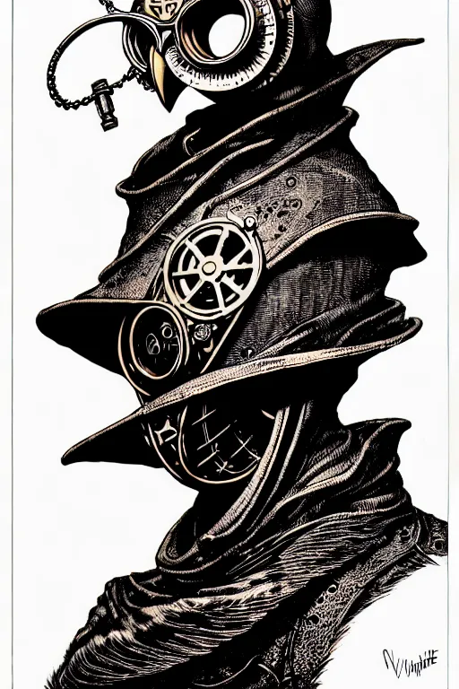 Prompt: side view of majestic steampunk anthropomorphic owl man alchemist cloaked wizard, high details, bold line art, by vincent di fate and joe fenton, inking, etching, screen print, masterpiece, trending on artstation, sharp, high contrast, hyper - detailed,, hd, 4 k, 8 k