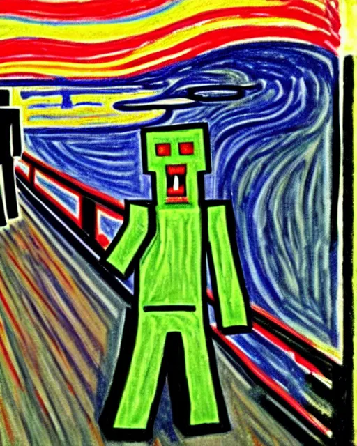 Prompt: minecraft creeper as the subject of the scream by edvard munch