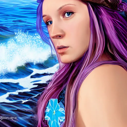 Prompt: beautiful modern dutch girl with tattoo's and blue pink purple long hair looking in the camera with sea with big waves in the background, portrait, 8 k, digital art, detailed realistic eyes.