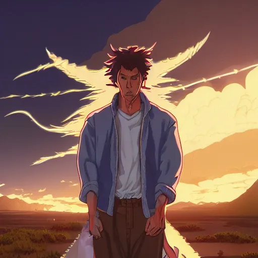 Image similar to the second coming of kramer, by dan mumford, yusuke murata, makoto shinkai, ross tran, cosmic, heavenly, god rays, intricate detail, cinematic, 8 k, cel shaded, unreal engine, featured on artstation, pixiv