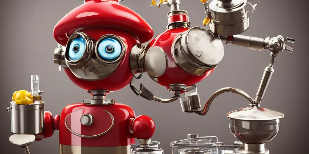 Image similar to closeup portrait of tin toy retro robot chef cooking pastry cake with chemicals flasks in a kitchen, depth of field, zeiss lens, detailed, centered, fashion photoshoot, by nicoletta ceccoli, mark ryden, lostfish, breathtaking, 8 k resolution, extremely detailed, beautiful, establishing shot, artistic, hyperrealistic, octane render