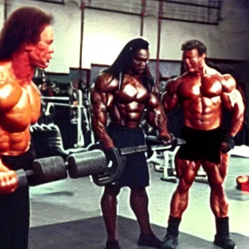 Image similar to predator and arnold schwarzenegger lifting weights together